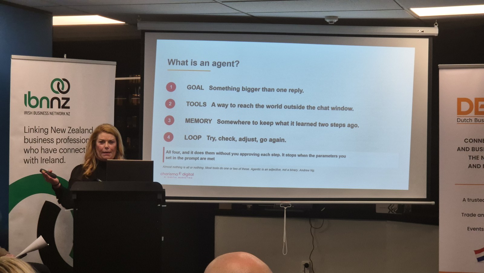 Lisa Byrnes presenting a slide titled What is an agent