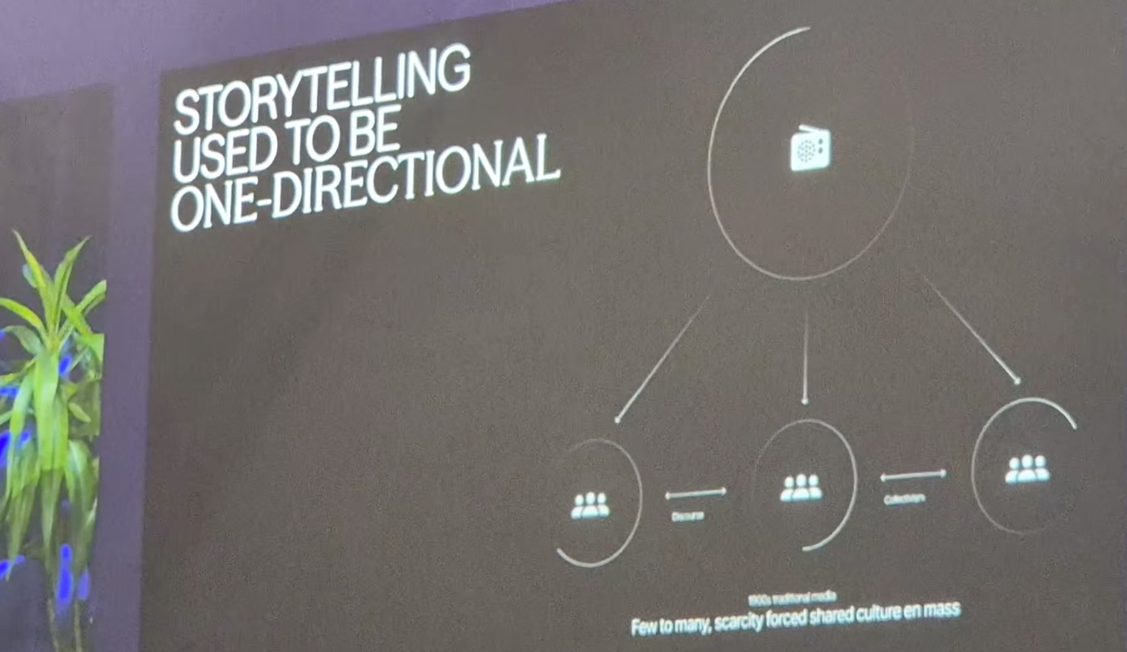 AKQA slide showing storytelling as a one-directional broadcast model