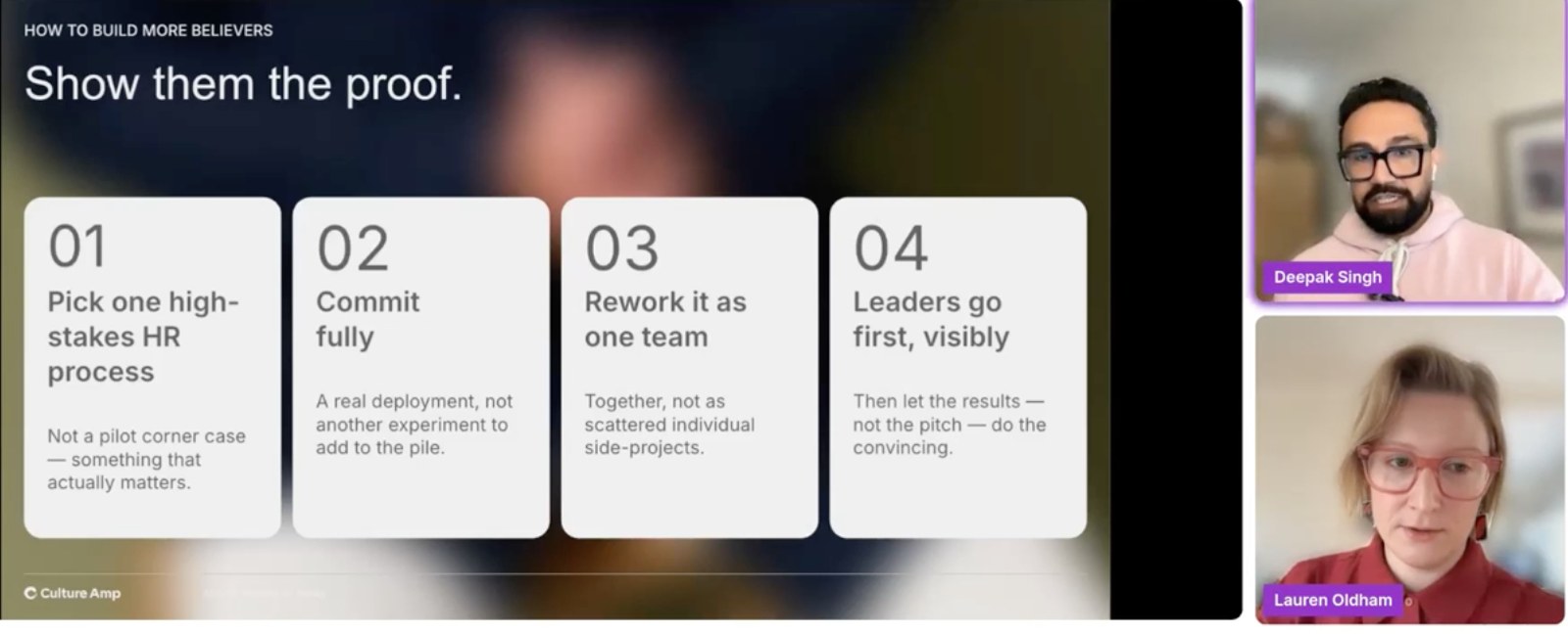 Culture Amp slide: show them the proof, with four steps from picking a high-stakes process to leaders going first