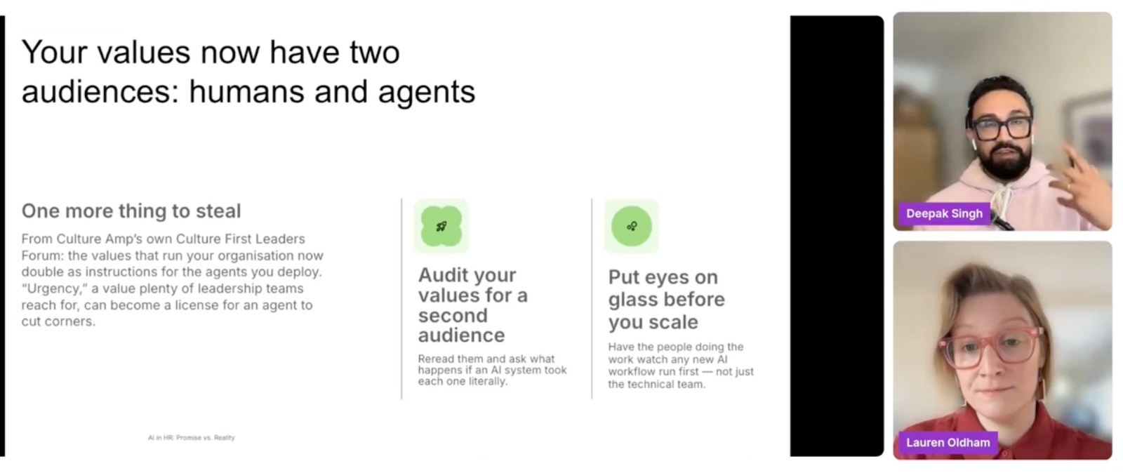 Culture Amp slide: your values now have two audiences, humans and agents