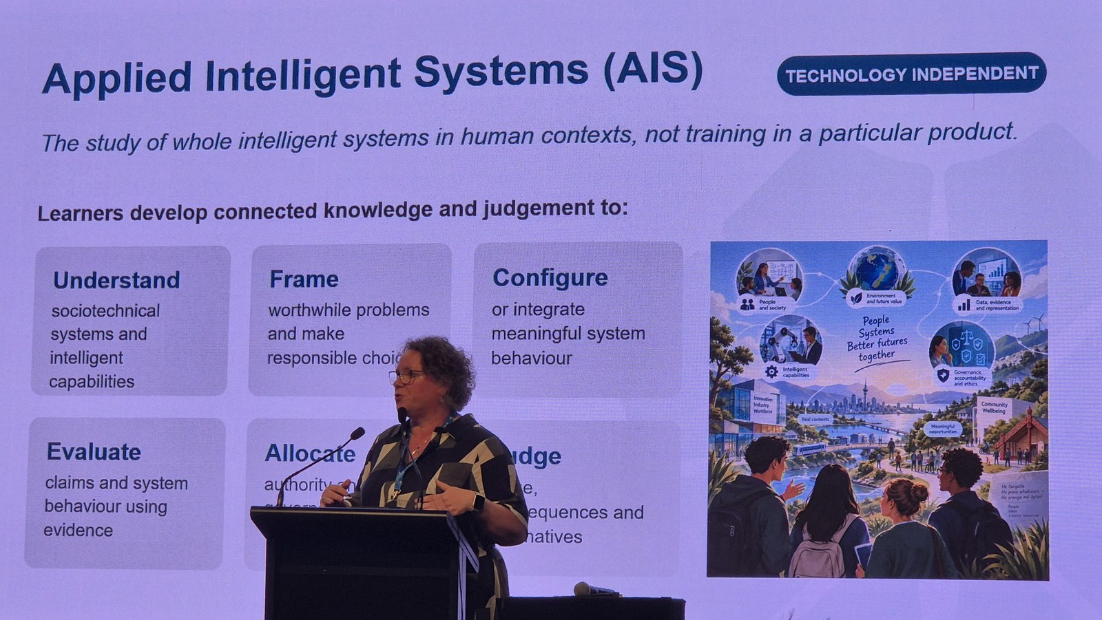Slide defining Applied Intelligent Systems as the study of whole intelligent systems in human contexts, not training in a particular product, with six learner capabilities