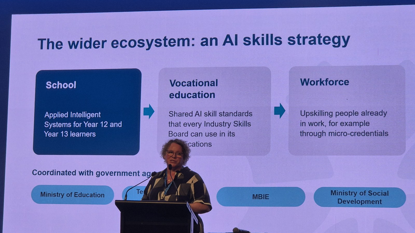Slide headed The wider ecosystem: an AI skills strategy, linking school, vocational education and workforce, coordinated with the Ministry of Education, Tertiary Education Commission, MBIE and Ministry of Social Development