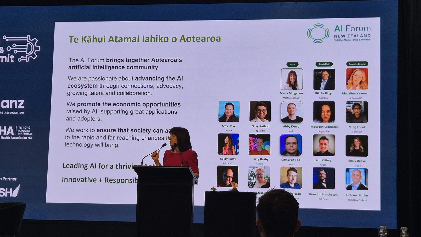 Slide introducing Te Kahui Atamai Iahiko o Aotearoa, the AI Forum New Zealand, with a grid of executive council members showing Maria Mingallon as chair