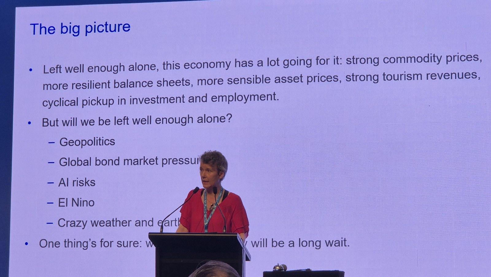 Closing slide headed The big picture, listing the economy's strengths and the risks of geopolitics, global bond market pressure, AI risks, El Nino and crazy weather