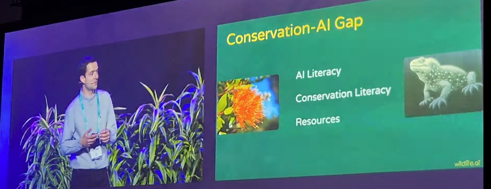 Victor Anton presenting a slide titled Conservation-AI Gap listing AI literacy, conservation literacy and resources