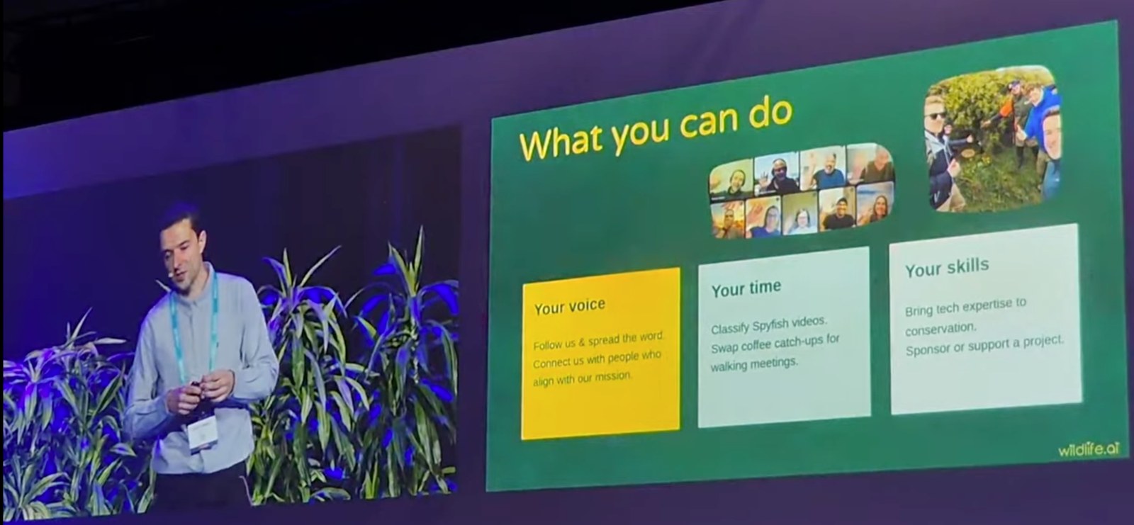 Victor Anton presenting the What you can do slide listing your voice, your time and your skills