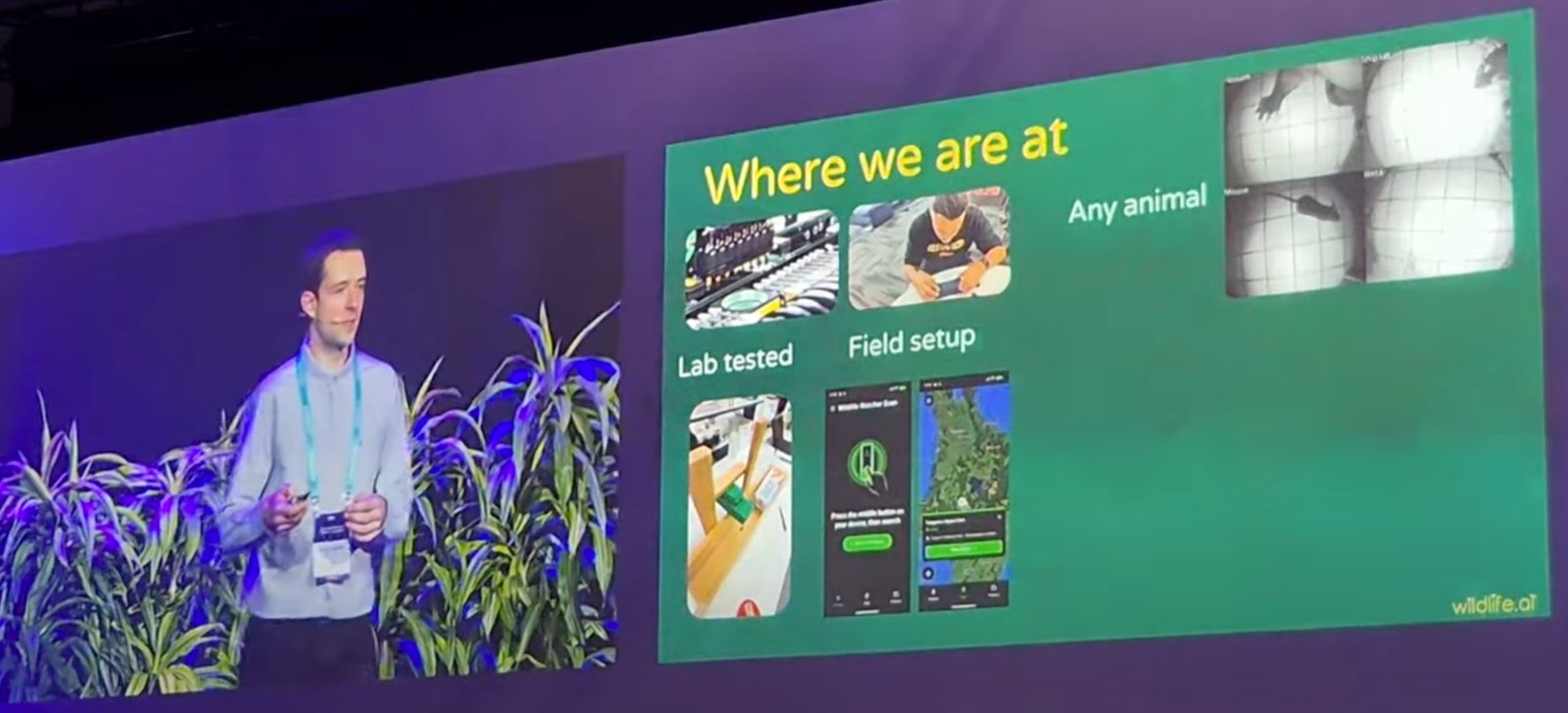 Victor Anton presenting a slide showing lab testing, field setup and any-animal detection