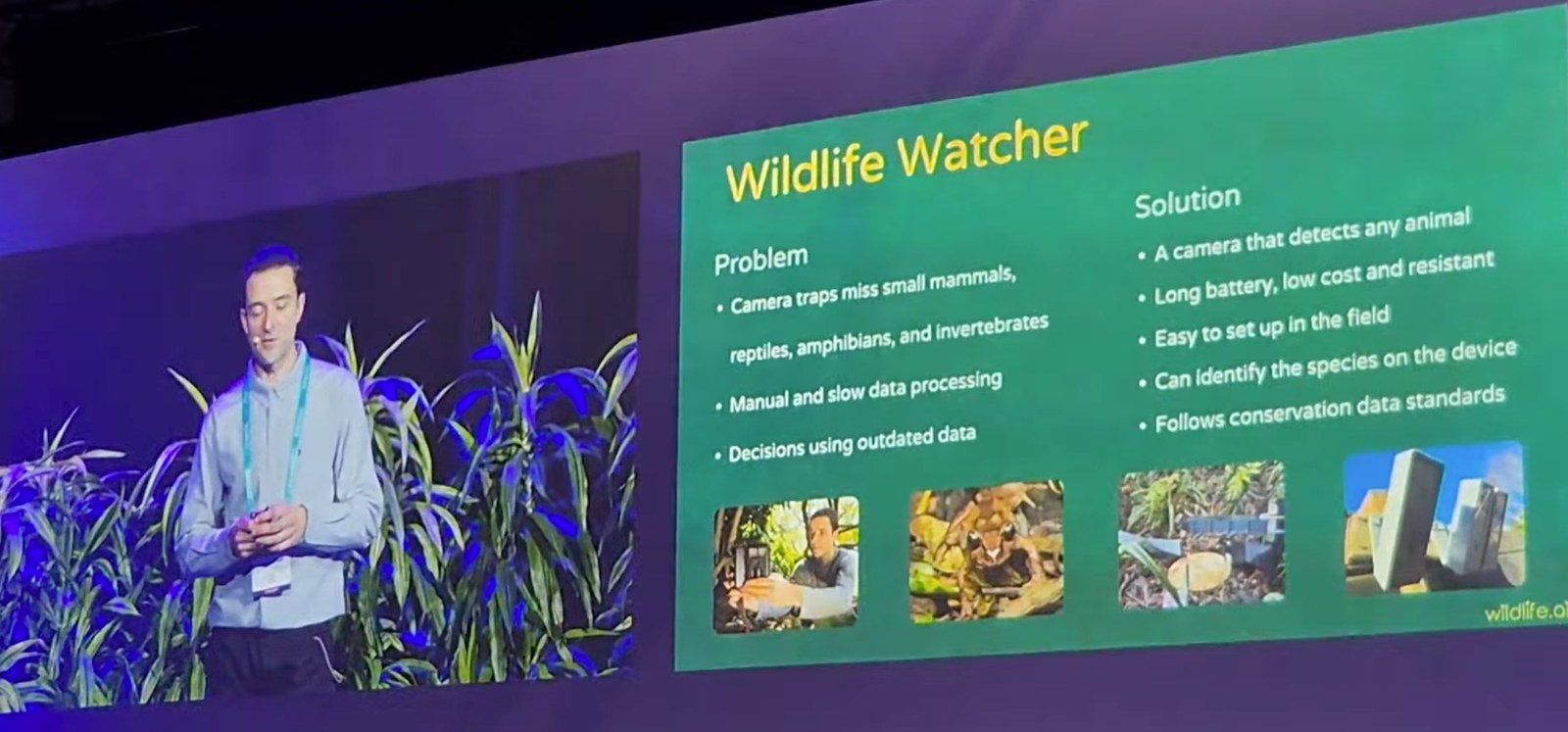 Victor Anton presenting the Wildlife Watcher slide setting out the problem and the solution